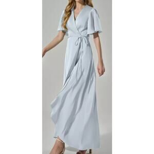 AW BRIDAL 10 L Baby Blue Satin Alexa Wrap Formal Bridesmaid Maxi Dress B173